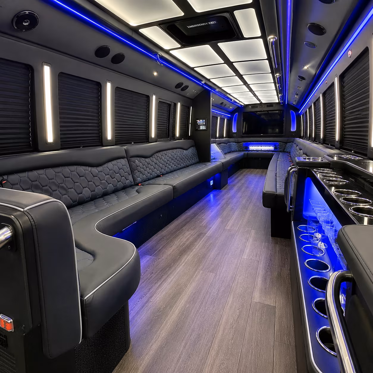 Friends laughing during a party bus celebration in Hialeah